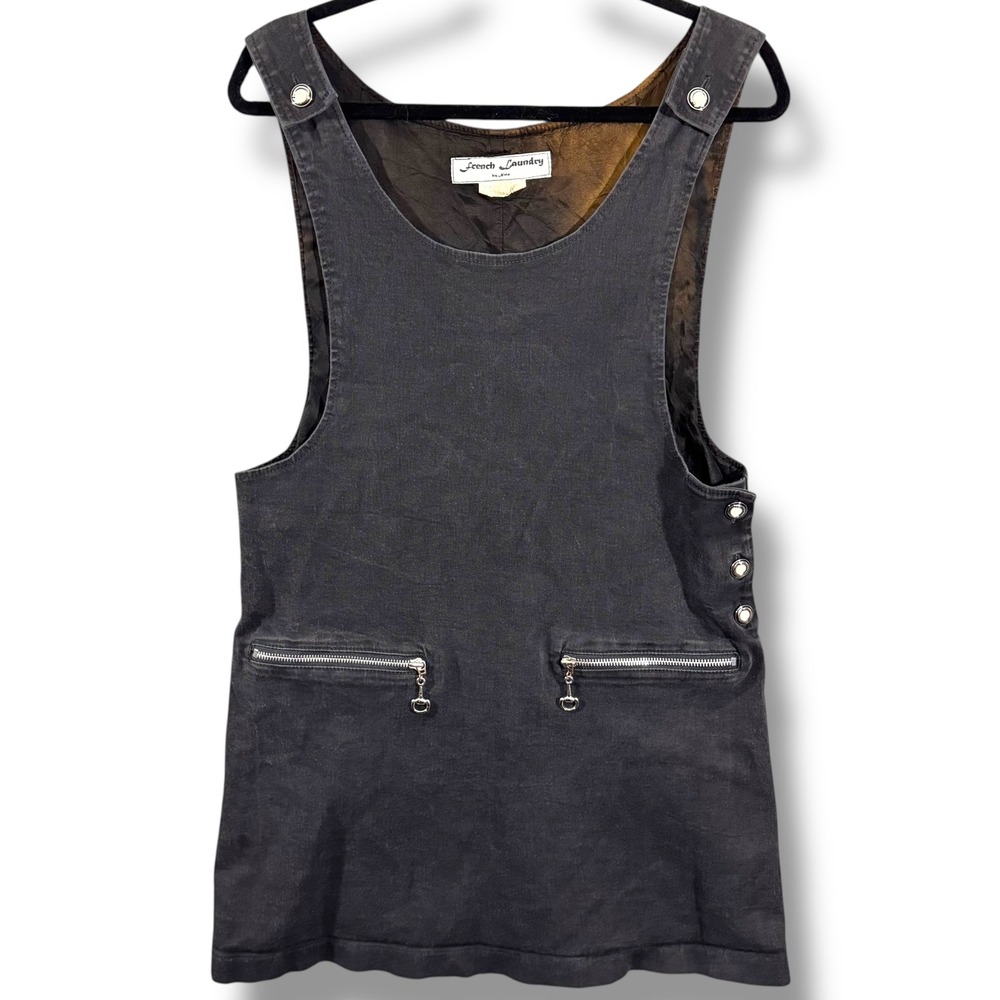 Vintage Y2K French Laundry by Neto Washed Black Denim Pinafore Mini Dress Jumper
